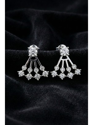 Roza Silver 925 Ayar Gümüş Rodyum Renk Tektaş ve Yelpaze Kombinli Iki Parçalı Ear Jacket Küpe
