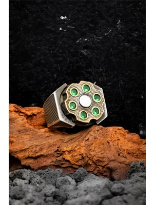 Silverplus 925 Ayar Gümüş Yeşil Taşlı Ortası Dönebilen Erkek Yüzük