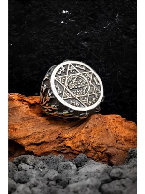 Silverplus Lale Motifli Karartmalı Hz. Süleyman Mührü 925 Ayar Gümüş Erkek Yüzük