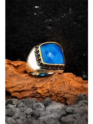 Silverplus 925 Ayar Gümüş Fasetli Mavi Taşlı Erkek Yüzük