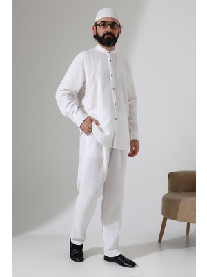 İhvan Online Erkek Müslin Hakim Yaka Gömlek Pantolon Ikili Takım, Modern Hac Umre Kıyafeti - Beyaz (Vşn)