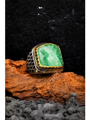 Silverplus 925 Ayar Telkari Işlemeli Fasetli Yeşil Taşlı Gümüş Erkek Yüzük