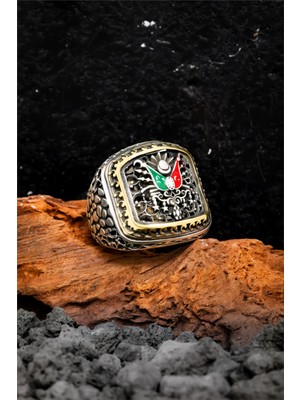 Silverplus 925 Ayar Gümüş Karartmalı Telkari Desenli Osmanlı Devlet Arması Erkek Yüzük