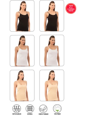 Özkan Underwear Özkan 0107 6'lı Paket Kadın %100 Pamuklu Ribana Karışık Renk Esnek Rahat Ip Askılı Örme Atlet