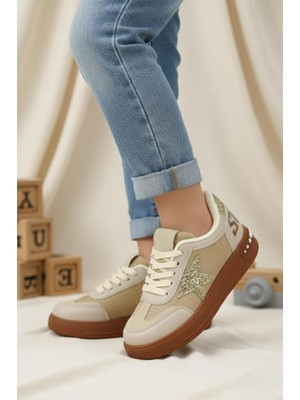 Oksit Goldens Işıltılı Yıldız Detaylı Kız Çocuk Sneaker Konforlu Spor Ayakkabı