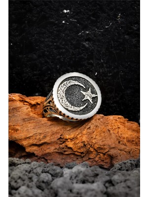 Silverplus 925 Ayar Gümüş Karartmalı Ayyıldızlı Kelime-I Tevhid Yazılı Erkek Yüzük