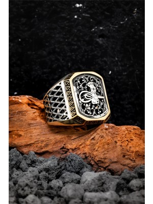 Silverplus 925 Ayar Gümüş Telkari Motifli Tuğralı Erkek Yüzük