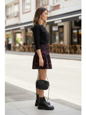 She Best Süet Kadife Cepsiz Yazı Desenli Lastikli Mini Kadın Şort Etek