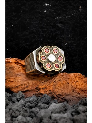 Silverplus 925 Ayar Kırmızı Taşlı Ortası Dönerli Gümüş Erkek Yüzük