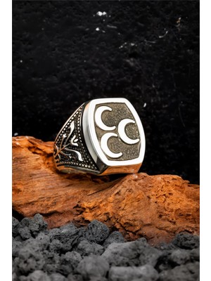 Silverplus 925 Ayar Gümüş Karartmalı Üç Hilal Motifli Erkek Yüzük