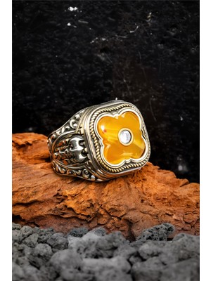 Silverplus 925 Ayar Gümüş Sarı Taşlı Balta Motifli Erkek Yüzük