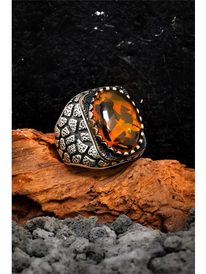 Silverplus Sıkma Kehribar Taşlı Karartmalı Gümüş Erkek Yüzük