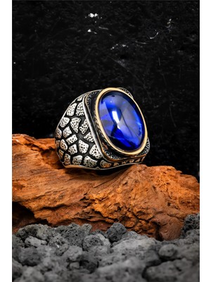 Silverplus Lacivert Taşlı Karartmalı Gümüş Erkek Yüzük