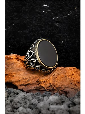 Silverplus 925 Ayar Gümüş Lale Motifli Siyah Oniks Taşlı Erkek Yüzük