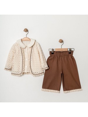 Butik Kız Bebek - Çocuk Dantel Ceketli %100 Pamuklu Bol Paça 3 Parça Alt - Üst Takım