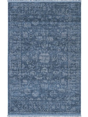 Cool Halı Zerina Mavi Yumuşak Pamuk Taban Etnik Desenli Vintage Rustik Modern Klasik Salon Oturma Odası Halısı