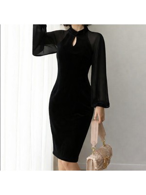 Nake Butik Kadın Siyah Kadife Bodycon Elbise