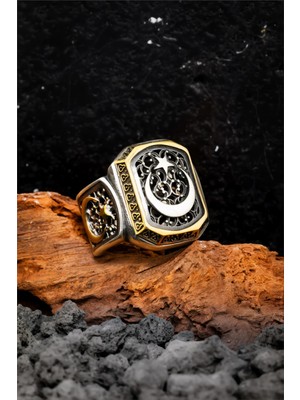 Silverplus 925 Ayar Gümüş Ayyıldız Motifli Telkari Işlemeli Erkek Yüzük