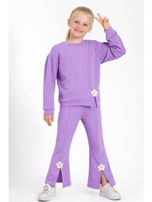 Zepkids Bisiklet Yaka Uzun Kol Yırtmaçta Papatya Detaylı Uzun Kollu Lila Renk Kız Çocuk Eşofman Takımı