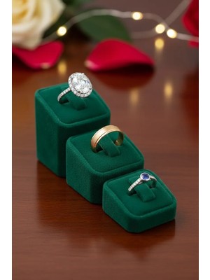 Megass Dekor Süet Kumaş Yeşil Renk Üçlü Takım Yüzük Sergileme Aksesuar