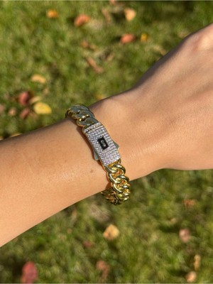 Luseda Taşlı Gurmet Çelik Kelepçe Gold VIP Bileklik Çap 6.5CM