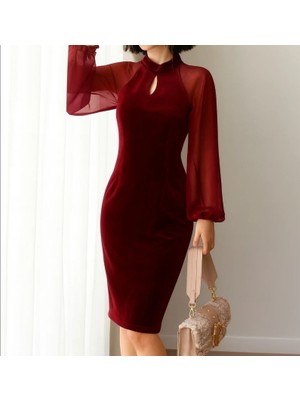 Nake Butik Kadın Siyah Kadife Bodycon Elbise