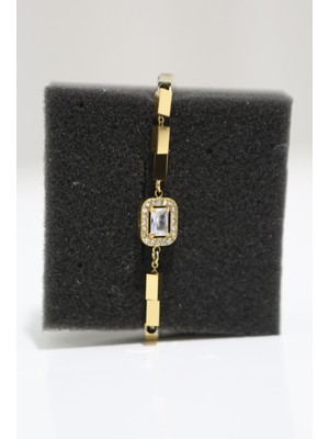 Luxon Collection Taşlı Küp Geçmeli Çelik Gold Bileklik