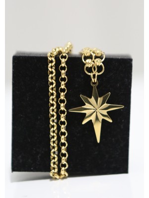 Luxon Collection Yıldız Uç Figürlü Geçmeli Zincirli Çelik Gold Kolye
