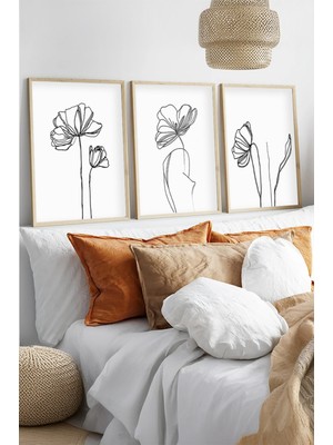 Huhuli Ahsap Çerceveli Minimalist Line Art 3'lu Tablo Seti HUHU535