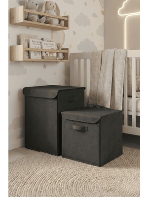 Luxway Home 1 Adet Büyük Antrasit Kutu ve 1 Adet Antrasit Kapaklı Kutu Seti Modern ve Saklama Kutusu