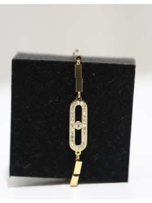 Luxon Collection Taşlı Küp Figürlü Geçmeli Çelik Gold Bileklik