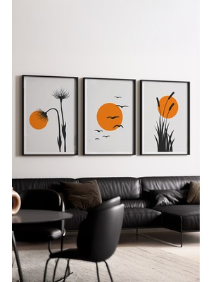 Huhuli Ahsap Siyah Çerceveli Boho 3’lu Tablo HUHU228