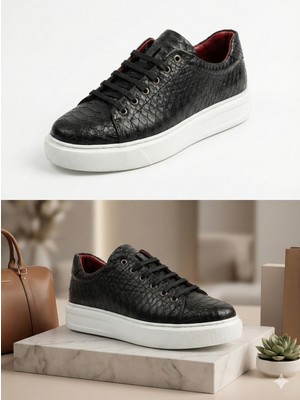 %100 Hakiki Deri Siyah Yılan Desenli Erkek Sneaker – Handcrafted
