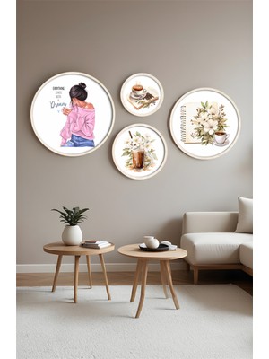Huhuli Ahsap Çerceveli Modern 4'lu Yuvarlak Tablo Seti HUHU413
