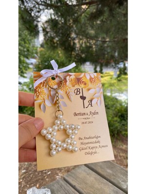 Siyah Lale Nikah Şekeri Yıldız Inci Zincirli Anahtarlık 50 Adet Nikah Şekeri ve Hediyelik