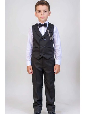 Riccotarz Erkek Çocuk Şal Yaka ve Cep Detaylı Cepken Gabardin Gömlek Papyonlu Siyah Takım Elbise