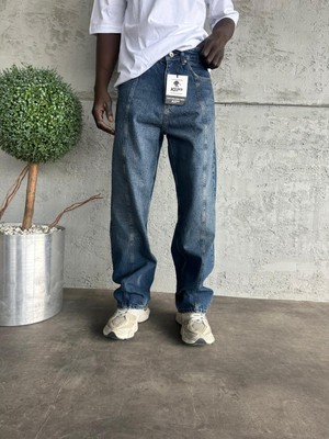 KağanKY Dikiş Detaylı Lacivert Taşlamalı Relax Baggy Jean