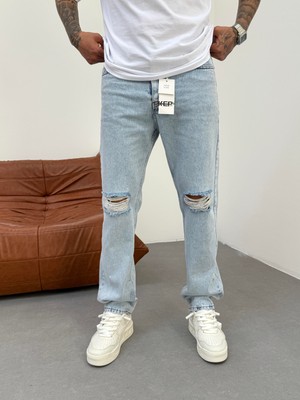 KağanKY Diz Yırtık Buz Mavi Baggy Jean