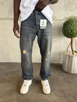 KağanKY Lacivert Yıkamalı Yırtık Detaylı Baggy Jean