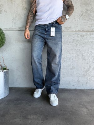 KağanKY Lacivert Yıkamalı Relax Baggy Jean