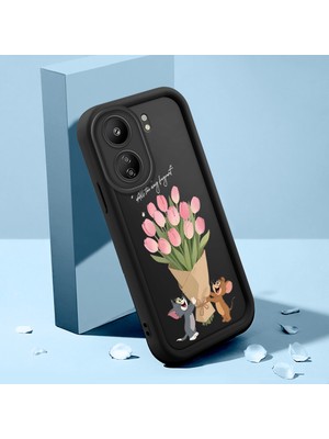 Ucuc Xiaomi Redmi 13C Uyumlu Siyah Silikon Lale Desenli Lens Koruma Şok Emici Esnek Kılıf