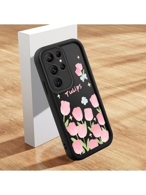 Ucuc Samsung Galaxy S22 Ultra Uyumlu Siyah Silikon Lale Desenli Lens Koruma Şok Emici Esnek Kılıf
