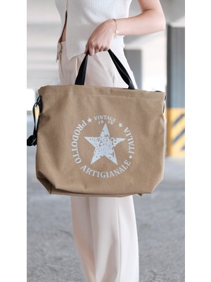 İlkyaz Fashion Kanvas Çapraz Askılı Tote Çanta Krem Yıldız Desen (Ilkyz-Fshon-34)