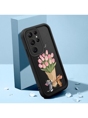 Ucuc Samsung Galaxy S22 Ultra Uyumlu Siyah Silikon Lale Desenli Lens Koruma Şok Emici Esnek Kılıf