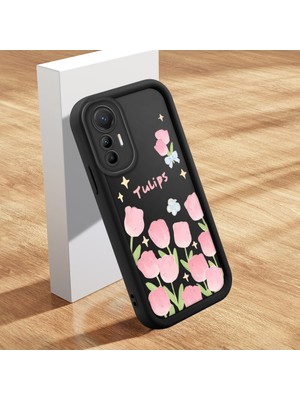 Ucuc Xiaomi 12 Lite Uyumlu Siyah Silikon Lale Desenli Lens Koruma Şok Emici Esnek Kılıf
