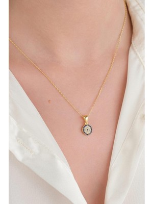 PremiumPort Minimal 9 mm Gümüş ve Altın Kaplama Koyu Mavi Nazar Boncuk Kolye