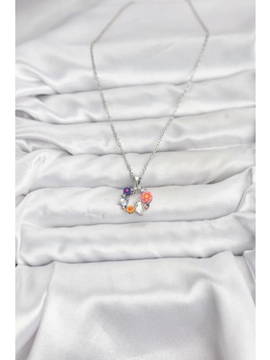 Lowell Home 316L Çelik Zincir Gümüş Renk Çiçekli Kedili Model Kadın Kolye