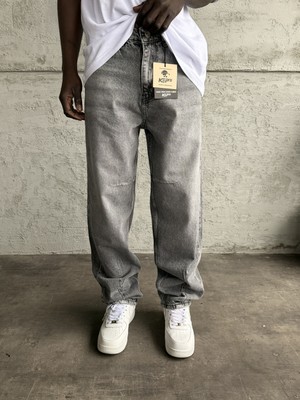 KağanKY Dikiş Detaylı Gri Taşlamalı Relax Baggy Jean