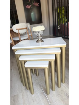 Akset 4lü Bohem Zigon Sehpa Beyaz Bronz