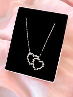 PremiumPort Şık Çift Kalpli 925 Ayar Gümüş Kolye, Zarif Takı Hediye Seçeneği